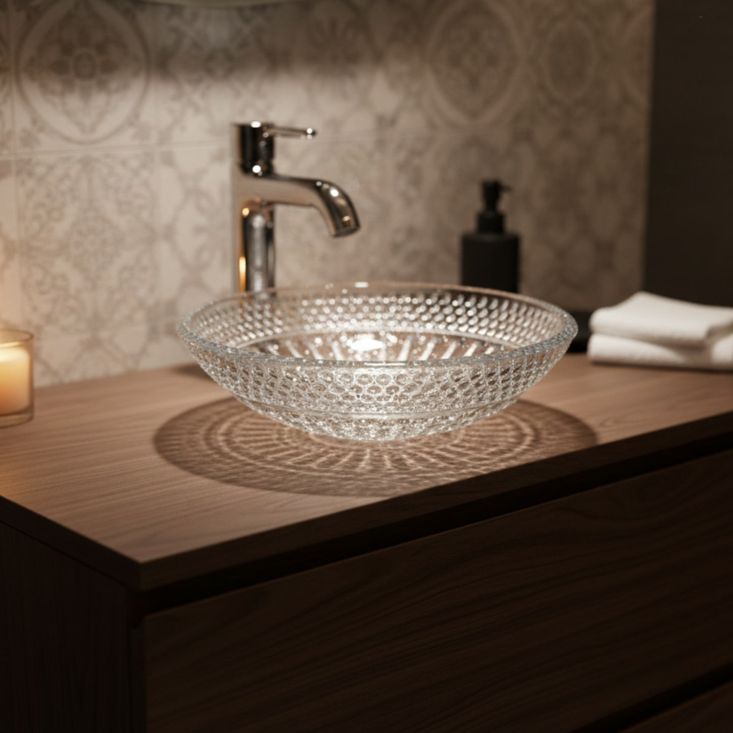 Siore  Countertop Wash Basin | Crystal Glass Bathroom Sink | 18” x 18”