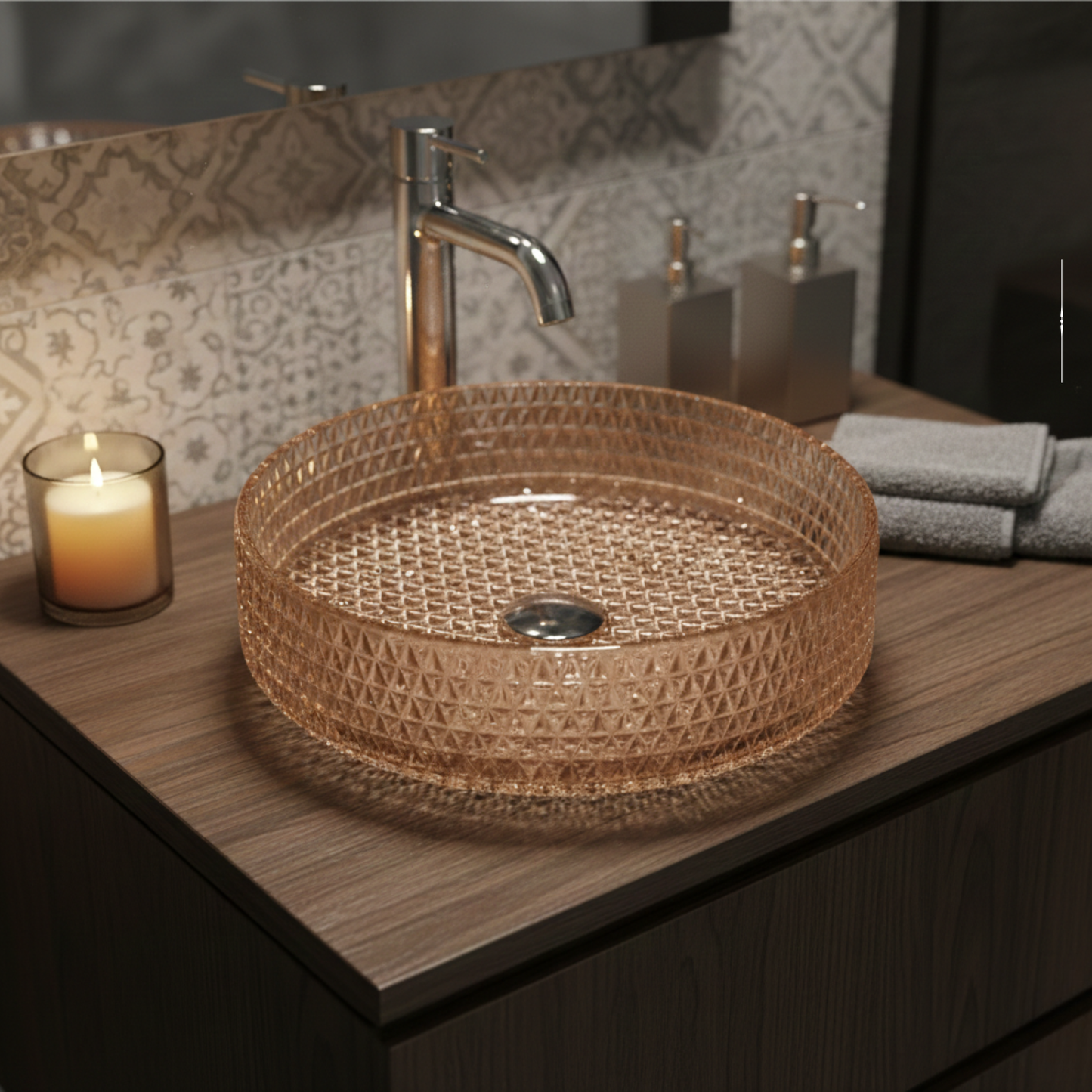 Lyra Countertop Basin | Crystal Glass Bathroom Sink | 15″ × 15″