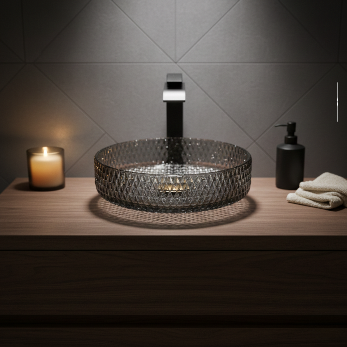 Lyra Countertop Basin | Crystal Glass Bathroom Sink | 15″ × 15″