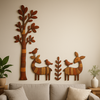 Vrikshà – HandCrafted Gond Mural Art | Four-Piece Set with Deer, Birds & Tree | Ready-to-Stick Handcrafted Wall Décor.