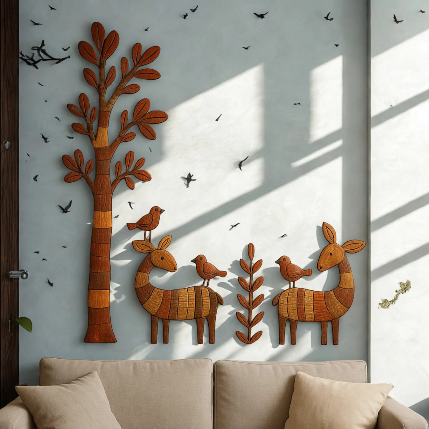 Vrikshà – HandCrafted Gond Mural Art | Four-Piece Set with Deer, Birds & Tree | Ready-to-Stick Handcrafted Wall Décor.