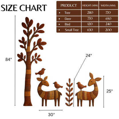 Vrikshà – HandCrafted Gond Mural Art | Four-Piece Set with Deer, Birds & Tree | Ready-to-Stick Handcrafted Wall Décor.