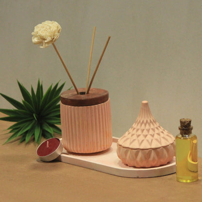 Veda Coral Set (Dore Reed Diffuser, Trinkles Tea - Light Candle with Textured Etagere Tray) - Pankh by Aurum