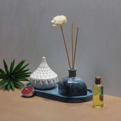 Velorá Luxe Set (Vasa Reed Diffuser, Trinkles Tea - Light Candle with Etagere Engraved Tray) - Pankh by Aurum